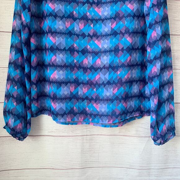 Decree Blue and Pink Abstract Blouse Tassel Tie String Long Sleeve Size Medium - Picture 6 of 15